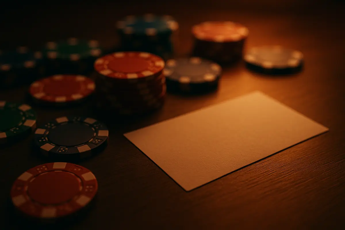 Orange-lit desk with chips and a ticket